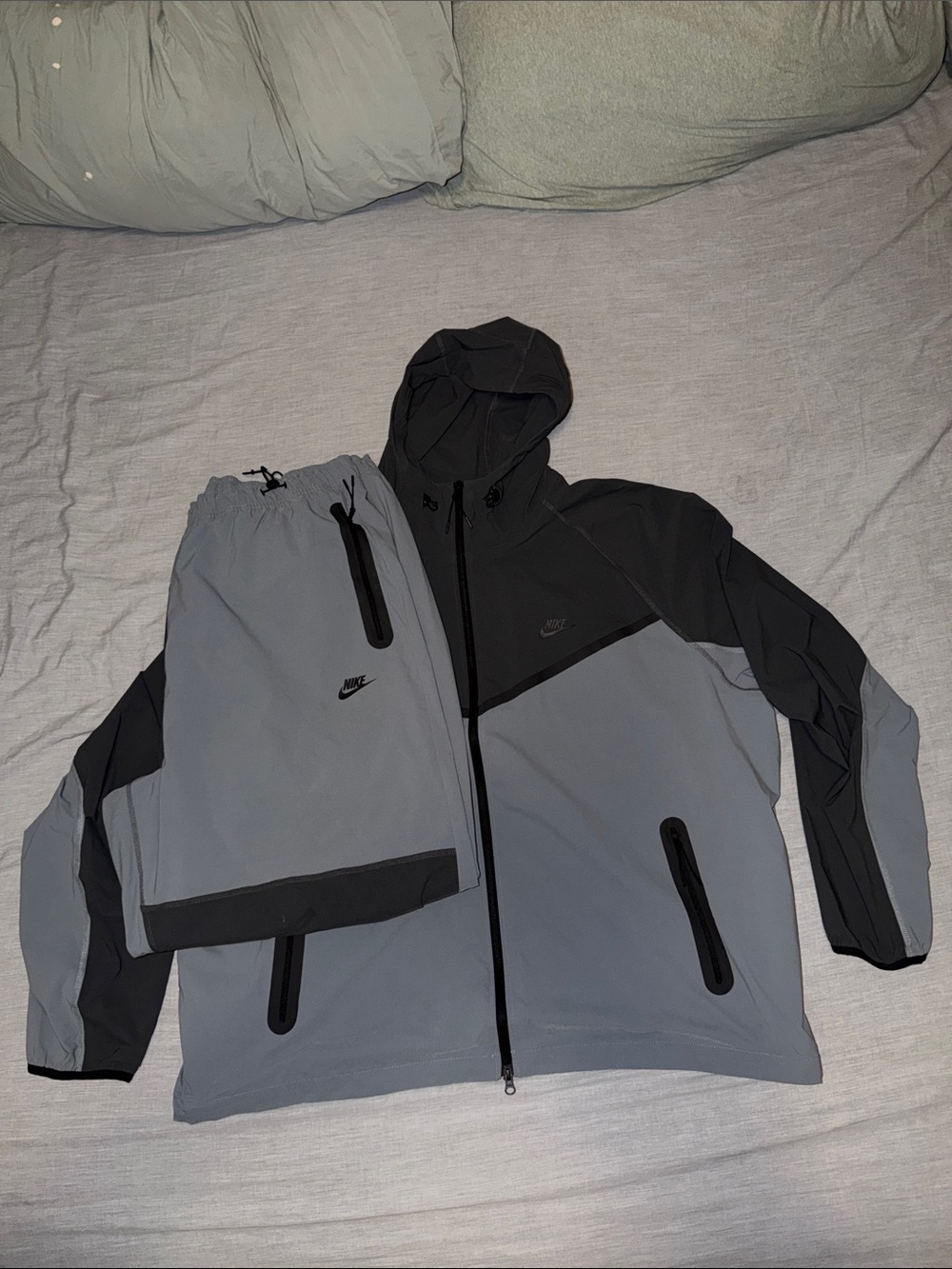 Men’s Nike Tech Fleece Dark Gray and Black Hooded Windbreaker Set
